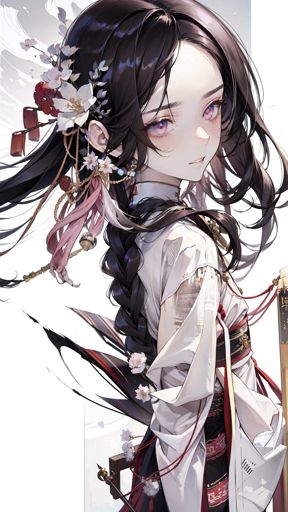 male, black long hair, ((best quality)), ((masterpiece)), (detailed), perfect face, Character design, chinese, some braids and pearls in hair, wearing white yukata