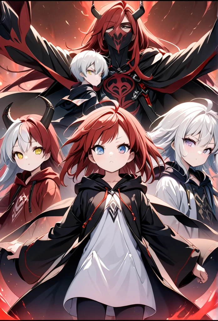 Highest quality, movie quality, the battle between the devil and the god of death, the devil (girl, 10 years old, red hair, wearing a tsuntsun head and horn, red aura), Shinigami (boy, 9 years old, white hair, straight hair, hooded robe, black sickle), the background is Tsukiyo and Venice