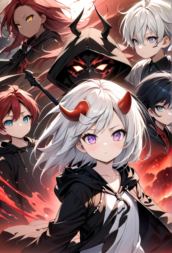 Highest quality, movie quality, the battle between the devil and the god of death, the devil (girl, , red hair, wearing a tsuntsun head and horn, red aura), Shinigami (boy, 9 years old, w, straight hair, hooded robe, black sickle), the background is Tsukiyo and Venice