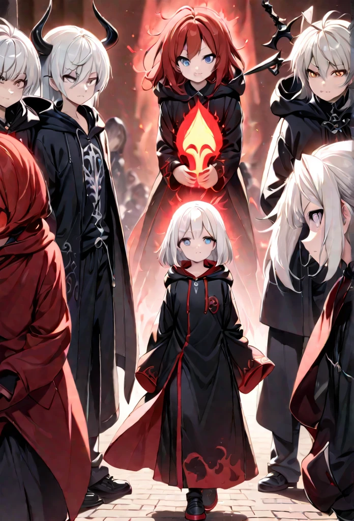 Highest quality, movie quality, the battle between the devil and the god of death, the devil (girl, 10 years old, red hair, wearing a tsuntsun head and horn, red aura), Shinigami (boy, 9 years old, white hair, straight hair, hooded robe, black sickle), the background is Tsukiyo and Venice