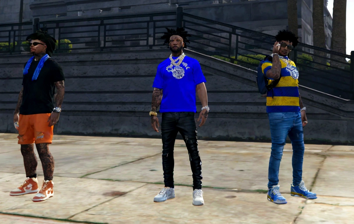 a highly detailed and realistic photograph of a cartoon character, photorealistic, 8k resolution, extremely detailed facial features, beautiful eyes, realistic skin texture, detailed clothing, intricate background, dramatic lighting, cinematic composition 3 african american males with hair standing in outside