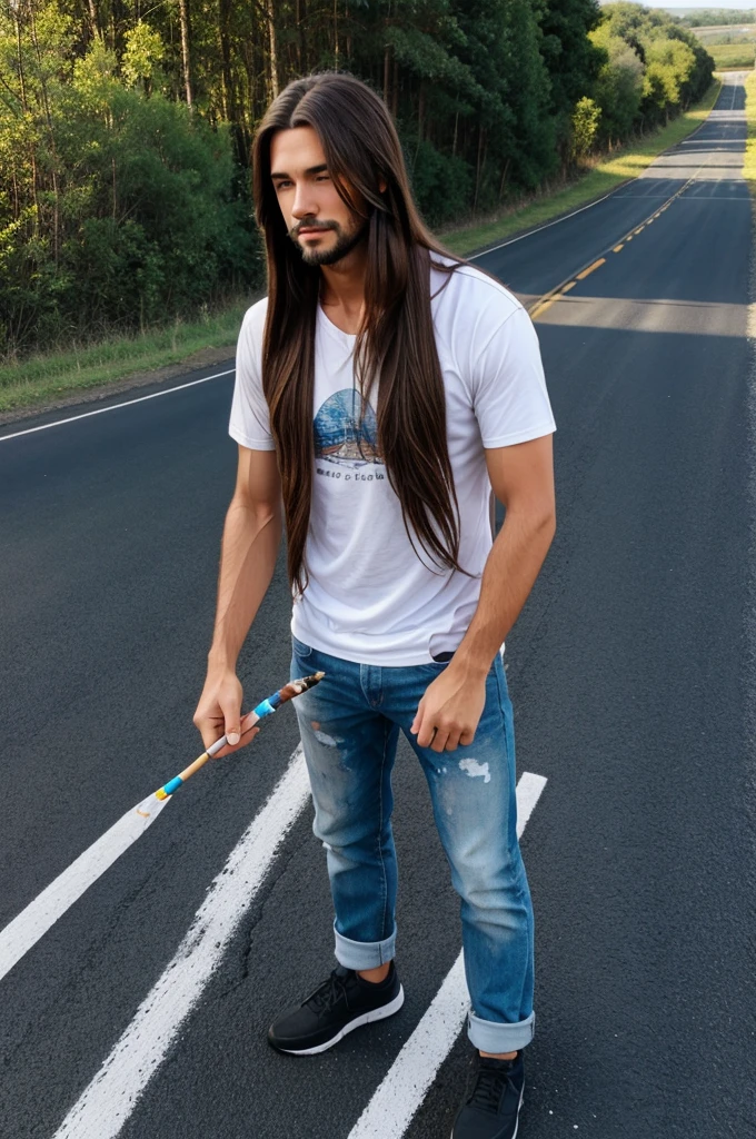 Man with long hair who is painting middle the road 