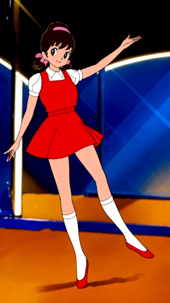 masterpiece, highest quality, alone,1 girl,looking at the viewer,School, cowboy shot,anime style,
akkochan,smiling、Live Performance Venues、Dancing on stage、In the spotlight、Exciting dance、Intense movement、Lifting legs high、Large breasts、