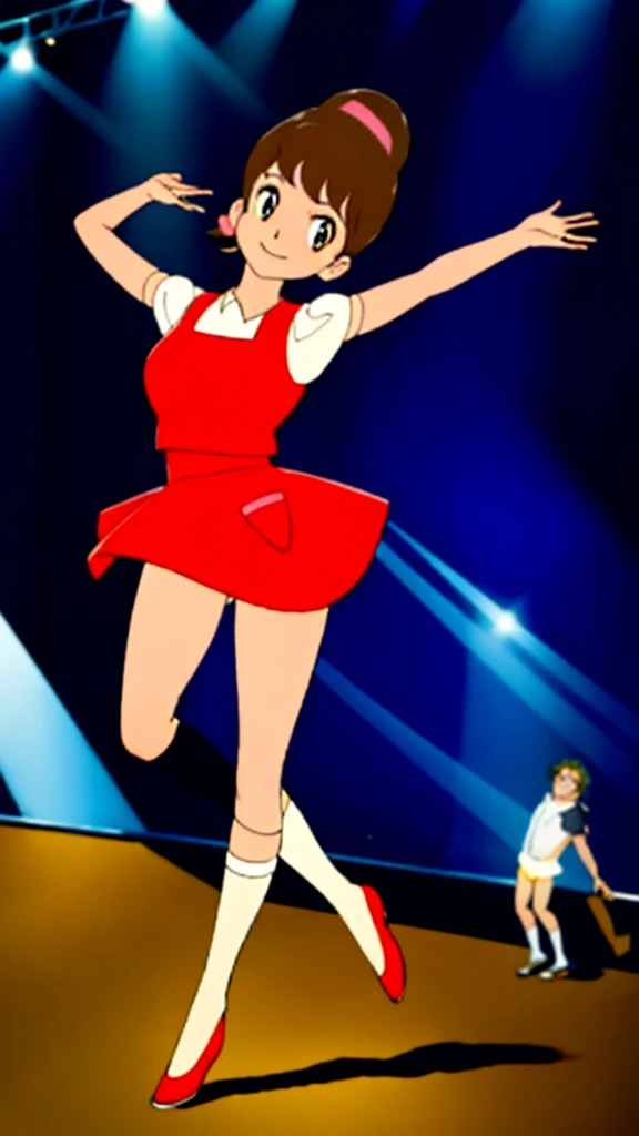 masterpiece, highest quality, alone,1 girl,looking at the viewer,School, cowboy shot,anime style,
akkochan,smiling、Live Performance Venues、Dancing on stage、In the spotlight、Exciting dance、Intense movement、Lifting legs high、Large breasts、