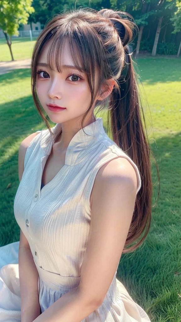One piece with collar,outdoors,Urban Park,On the lawn,Ultra-detailed, finely detail, hight resolution, 8K Wallpaper, Perfect dynamic composition, Beautiful detailed eyes,Outdoor,Close-up of face,Outdoor,Blushing,Facing forward,,Long hair ponytail,((8K, Raw photo, Best Quality, Mastepiece:1.2), (Realism, Photorealistic:1.4), (Highly detailed 8k wallpaper), Depth of written boundary, Cinematic Lighting, Soft Light, Detailed Beauty Eye,Shiny and smooth light brown ponytail, Asymmetrical bangs, Shiny skin, Ultra-detailed skins ,It is high resolution., High detail, Detailed hairstyle, Detailed facial beauty, Hyper-realistic, Perfect limbs, Perfect Anatomy ,1 Japanese girl,Famous Japanese Idols, Perfect female body,A shy smile,Short eyelashes,Double-edged eyelids,Look straight here,Hair style: ponytail,