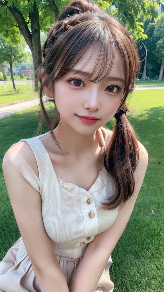 One piece with collar,outdoors,Urban Park,On the lawn,Ultra-detailed, finely detail, hight resolution, 8K Wallpaper, Perfect dynamic composition, Beautiful detailed eyes,Outdoor,Close-up of face,Outdoor,Blushing,Facing forward,,Long hair ponytail,((8K, Raw photo, Best Quality, Mastepiece:1.2), (Realism, Photorealistic:1.4), (Highly detailed 8k wallpaper), Depth of written boundary, Cinematic Lighting, Soft Light, Detailed Beauty Eye,Shiny and smooth light brown ponytail, Asymmetrical bangs, Shiny skin, Ultra-detailed skins ,It is high resolution., High detail, Detailed hairstyle, Detailed facial beauty, Hyper-realistic, Perfect limbs, Perfect Anatomy ,1 Japanese girl,Famous Japanese Idols, Perfect female body,A shy smile,Short eyelashes,Double-edged eyelids,Look straight here,Hair style: ponytail,