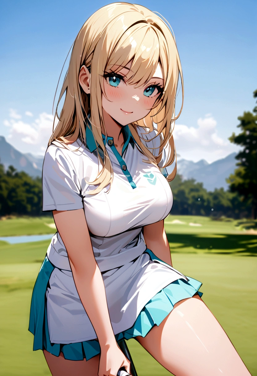 sound　high resolution　8k beauty　Woman playing golf　Golf course　Beautiful woman　semi-long　Blonde　White　Golf Wear　mini skirt　smile　　looking at the camera　nice shot