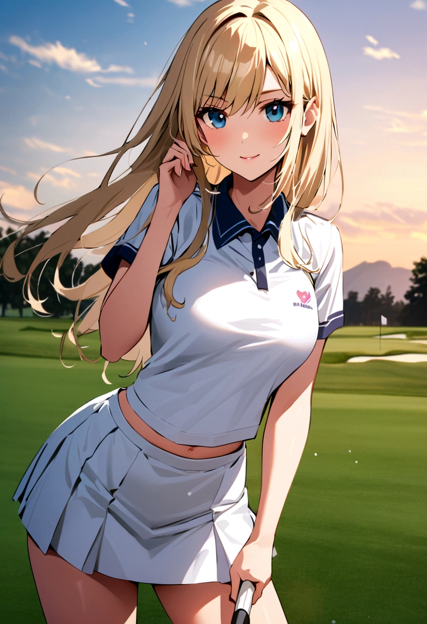 sound　high resolution　8k beauty　Woman playing golf　Golf course　Beautiful woman　semi-long　Blonde　White　Golf Wear　mini skirt　smile　　looking at the camera　nice shot