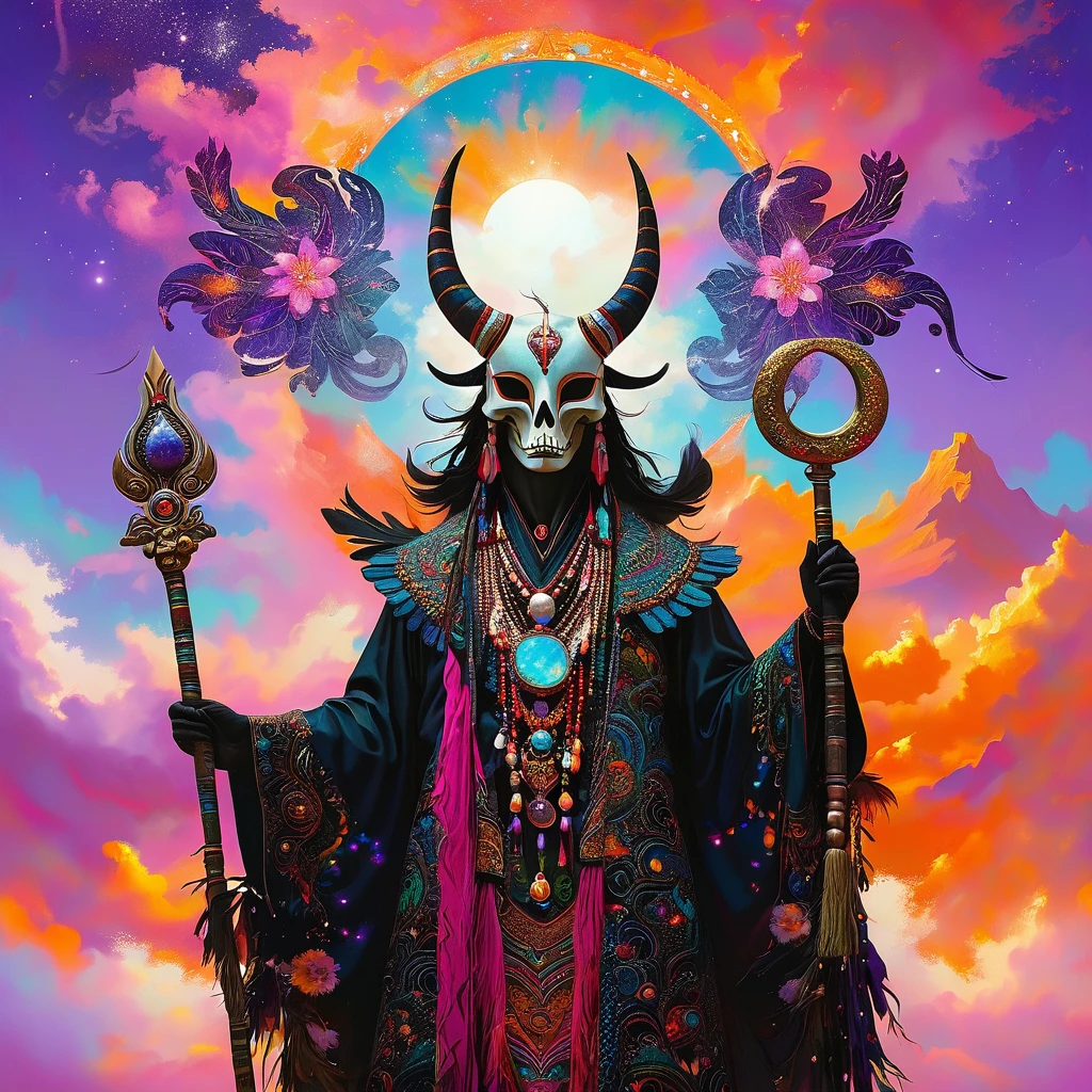 The image portrays a fantastical, shaman-like figure standing against a vibrant, cosmic backdrop. The character is adorned in elaborate robes with eye-like patterns and a dark, feathered cloak. The head is a striking feature, with a large, horned skull mask that gives a menacing yet mystical appearance. The figure holds a staff with a crescent-shaped ornament, enhancing its shamanistic aura. The background is a surreal, colorful sky blending pink, purple, and orange hues, suggesting an otherworldly or magical setting.