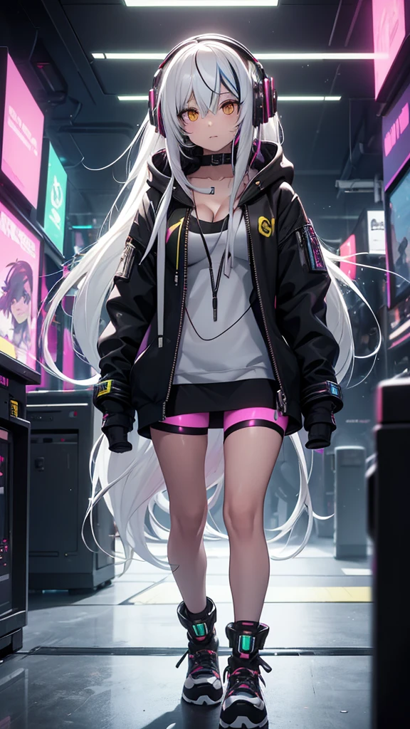 1girl, long hair, streaked hair, multicolored hair, white hair, yellow eye, standing, headphones, medium breasts, cleavage, fingerless gloves, hoodie, mini skirt, seamed legwear, ((cyberpunk))
