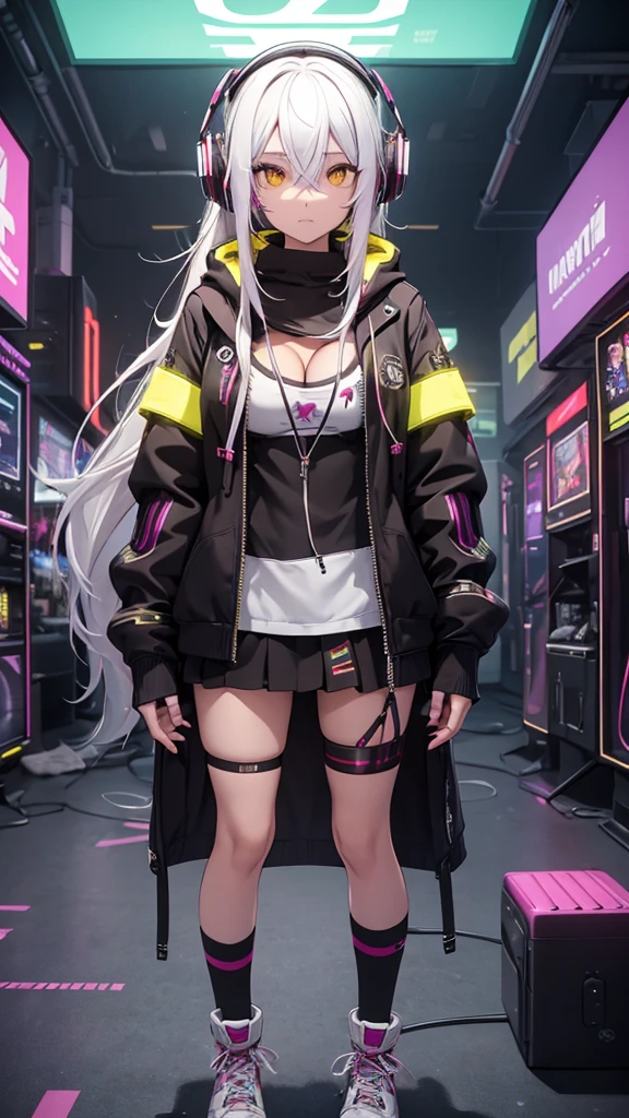 Emilia re:zero, purple eyes, Emilia, crown braid, x hair ornament, flower hair ornament, white hair, long hair, medium breasts, twin tails, smug smile, a woman in a black and white outfit standing in a store, cyberpunk anime girl, seductive anime girl, digital cyberpunk - anime art, realistic anime 3 d style, anime style. 8k, female cyberpunk anime girl, anime vibes, artwork in the style of guweiz, digital cyberpunk anime art, anime style 4 k, anime styled 3d, anime cyberpunk art