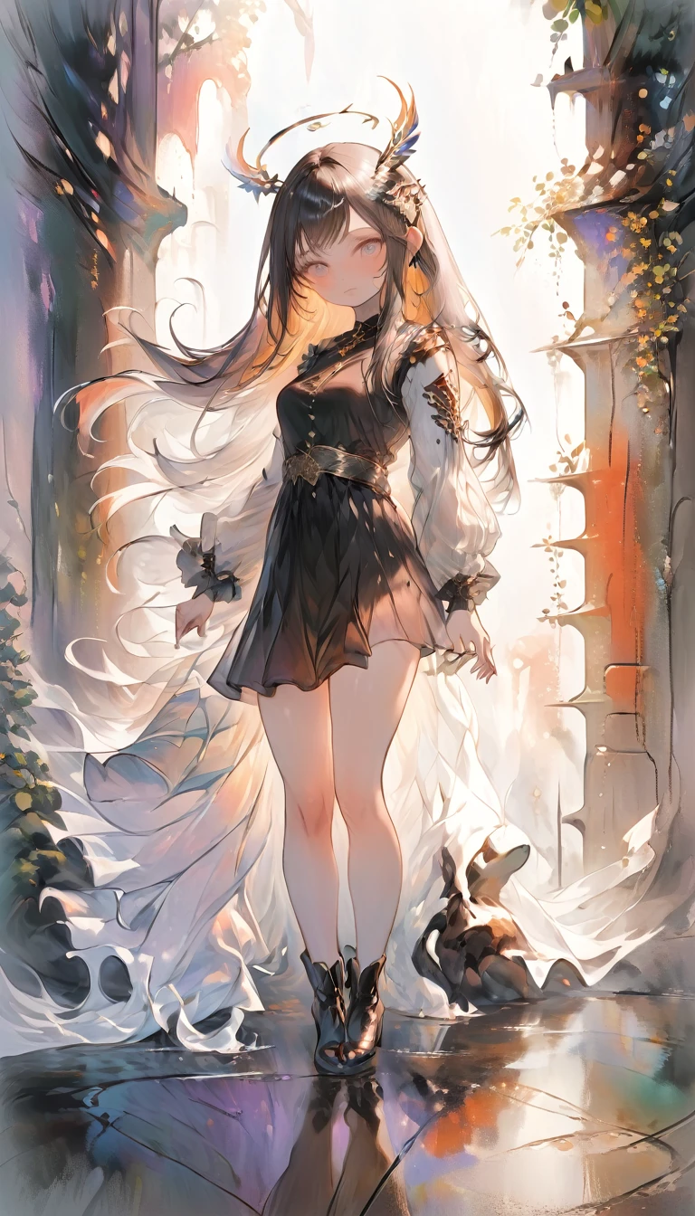 Fantasy art, sunset cityscape, elven woman sitting relaxed, detailed and clear drawing, beautifully drawn face, hands and feet, warm light, antique city background, bar atmosphere, table lined with bottles and glasses, fantastic and calming atmosphere