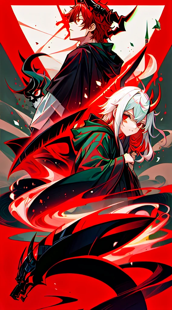 Highest quality, movie quality, the battle between the devil and the god of death, the devil (girl, , red hair, wearing a tsuntsun head and horn, red aura), Shinigami (boy, 9 years old, w, straight hair, hooded robe, black sickle), the background is Tsukiyo and Venice