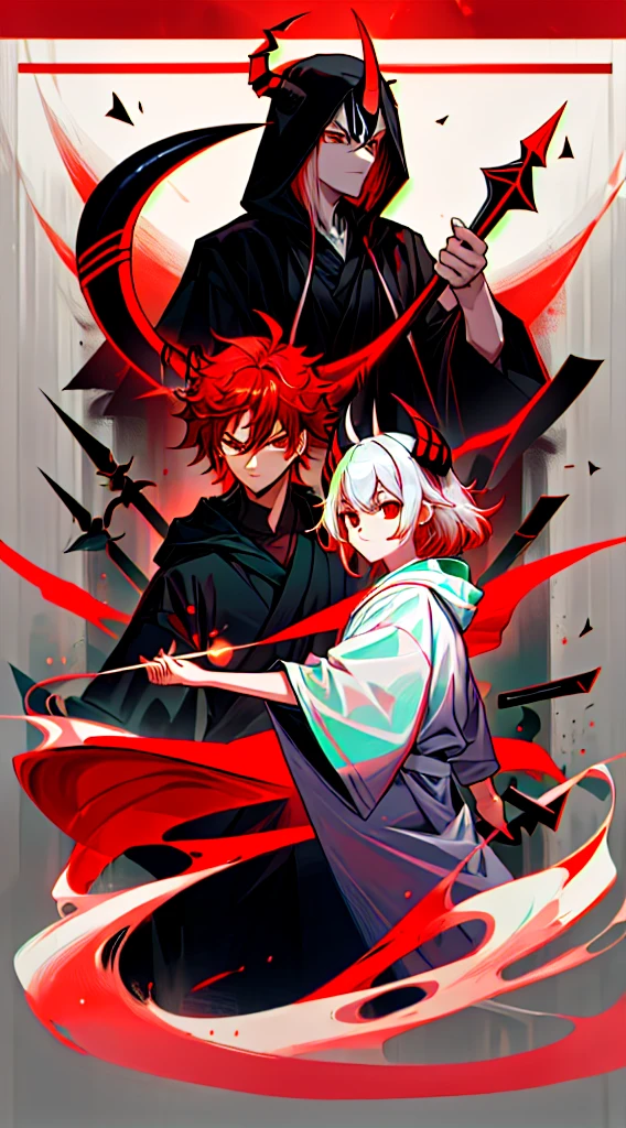 Highest quality, movie quality, the battle between the devil and the god of death, the devil (girl, 10 years old, red hair, wearing a tsuntsun head and horn, red aura), Shinigami (boy, 9 years old, white hair, straight hair, hooded robe, black sickle), the background is Tsukiyo and Venice