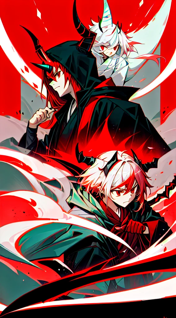Highest quality, movie quality, the battle between the devil and the god of death, the devil (girl, 10 years old, red hair, wearing a tsuntsun head and horn, red aura), Shinigami (boy, 9 years old, white hair, straight hair, hooded robe, black sickle), the background is Tsukiyo and Venice