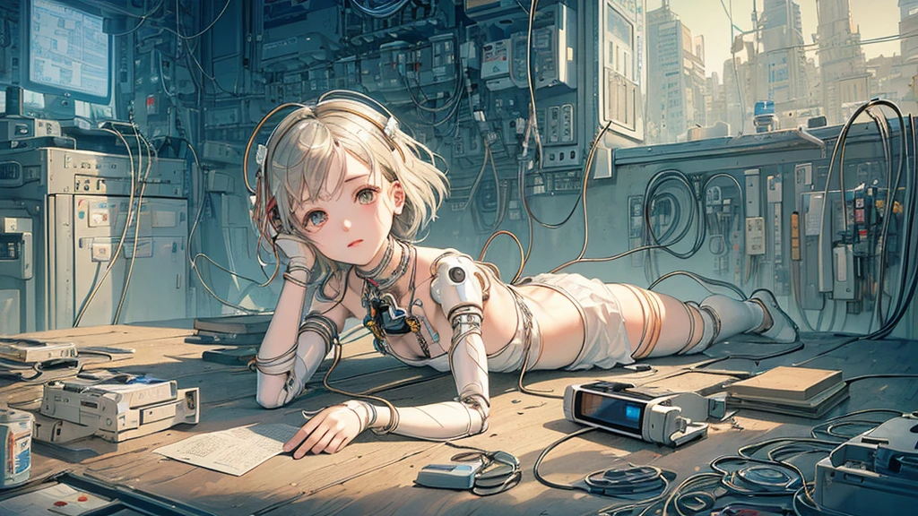 (((masterpiece))), (((highest quality))), ((Very detailed)), (Highly detailed CG illustrations), ((Very delicate and beautiful)),(Cute and delicate face),Light,((1. Machine Girl)),alone,whole body,(Machine made joints:1.4),((Mechanical Limbs)),(Muscles swell),(The vessel is connected to the tube),(Brain in a container:1.3),((Mechanical vertebrae attached to the back)),((Mechanical cervical spine attached to the neck)),((Sitting)),poker face,(Wires and cables attached to head and body:1.5),Small breasts,short hair,(Character Focus),sf,Lying down,Forehead out