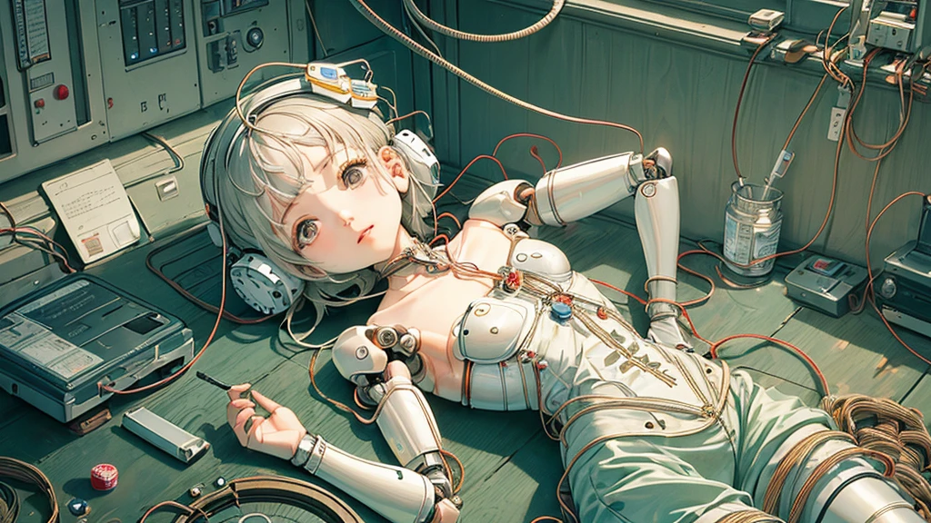 (((masterpiece))), (((highest quality))), ((Very detailed)), (Highly detailed CG illustrations), ((Very delicate and beautiful)),(Cute and delicate face),Light,((1. Machine Girl)),alone,whole body,(Machine made joints:1.4),((Mechanical Limbs)),(Muscles swell),(The vessel is connected to the tube),(Brain in a container:1.3),((Mechanical vertebrae attached to the back)),((Mechanical cervical spine attached to the neck)),((Sitting)),poker face,(Wires and cables attached to head and body:1.5),Small breasts,short hair,(Character Focus),sf,Lying down,Forehead out