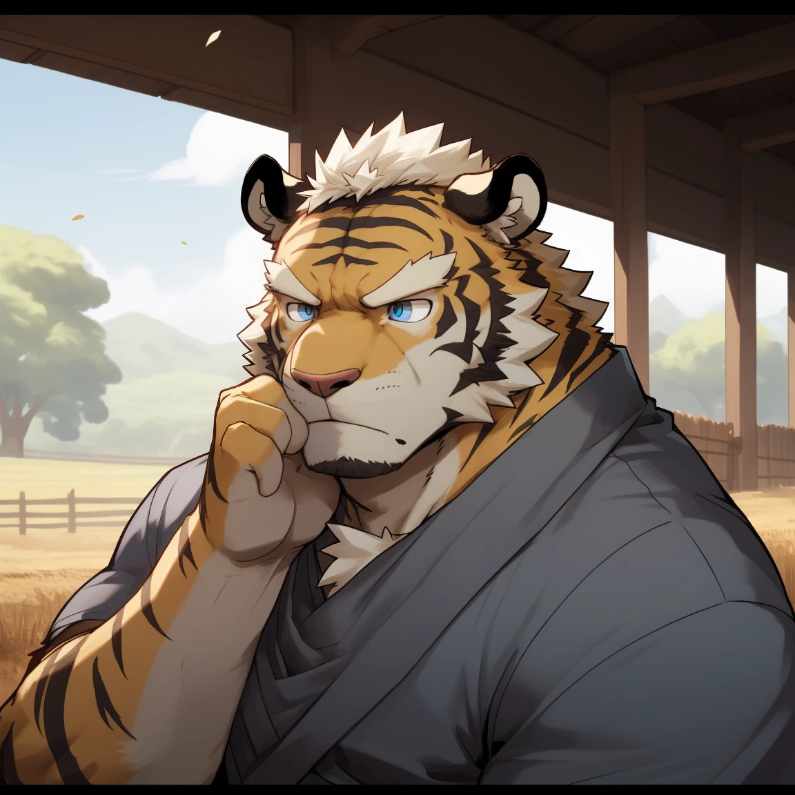 masterpiece, best quality, 8k resolution, Very detailed, hairy,tiger,((White short hair)),Strong body,((Fifty years old)),((Middle-aged and elderly)),(((Blue eyes))),For the audience,portrait,(Highest quality scene),(((Gray cloth))),((Solitary)),Black trousers,whole body,((Touching his chin and thinking)),(Mature),(((rural))),((yellow fur)),Standing,((farmer)),(((Sunny))),(((August))),(((Serious))),(((Domineering))),(((frown)))