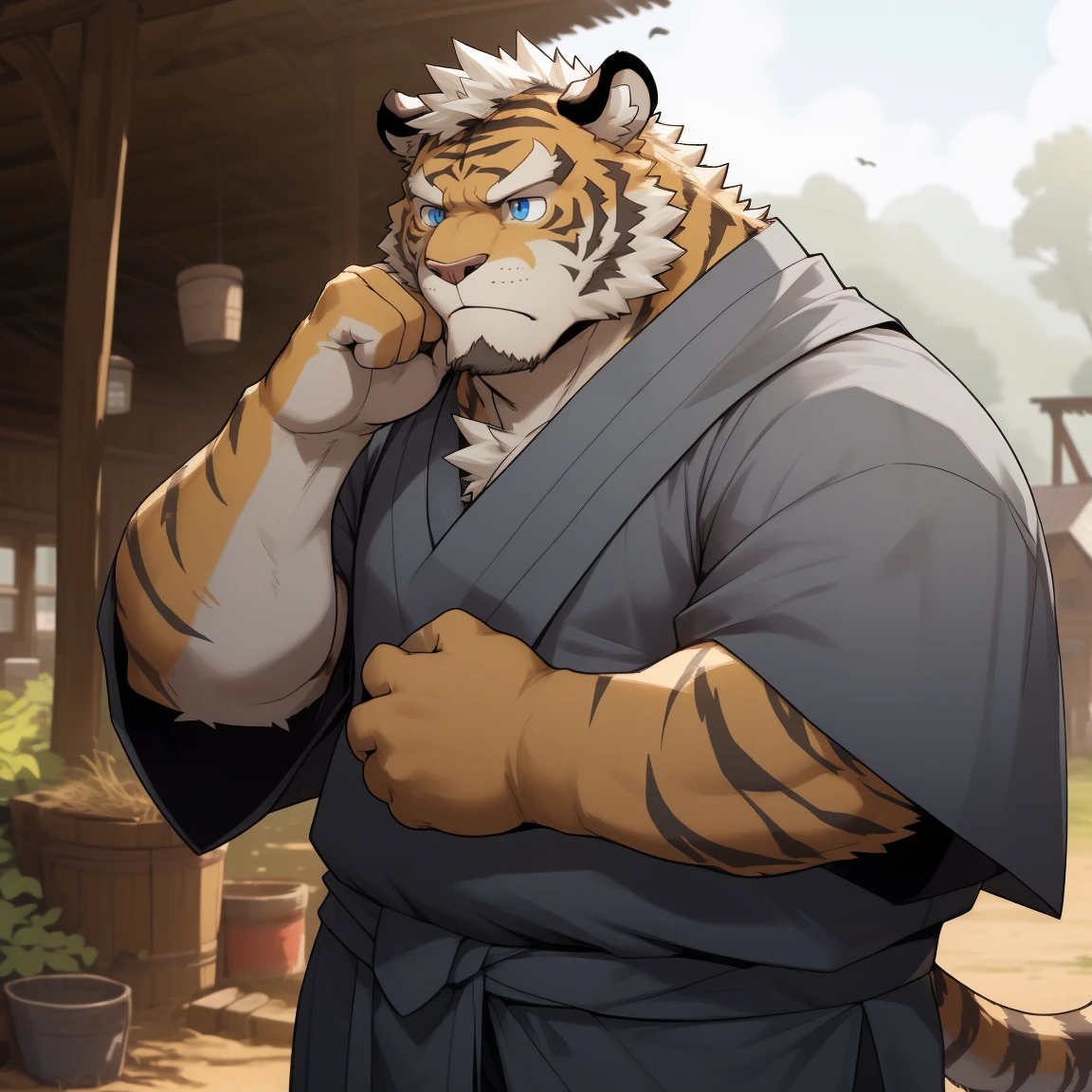 masterpiece, best quality, 8k resolution, Very detailed, hairy,tiger,((White short hair)),Strong body,((Fifty years old)),((Middle-aged and elderly)),(((Blue eyes))),For the audience,portrait,(Highest quality scene),(((Gray cloth))),((Solitary)),Black trousers,whole body,((Touching his chin and thinking)),(Mature),(((rural))),((yellow fur)),Standing,((farmer)),(((Sunny))),(((August))),(((Serious))),(((Domineering))),(((frown)))