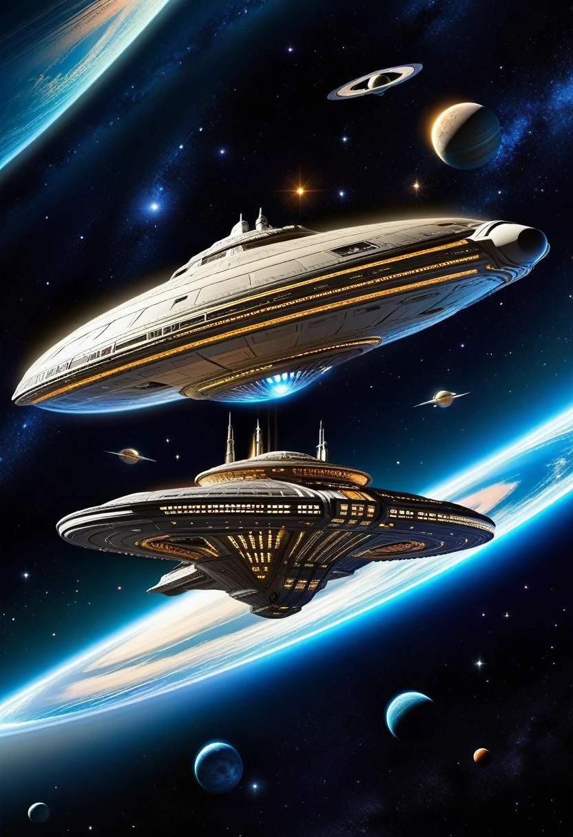 Epic Spaceship Description: Uma nave espacial detalhada, viajando pelo cosmos com planetas e estrelas ao fundo. A tribute to science fiction epics and intergalactic journeys.