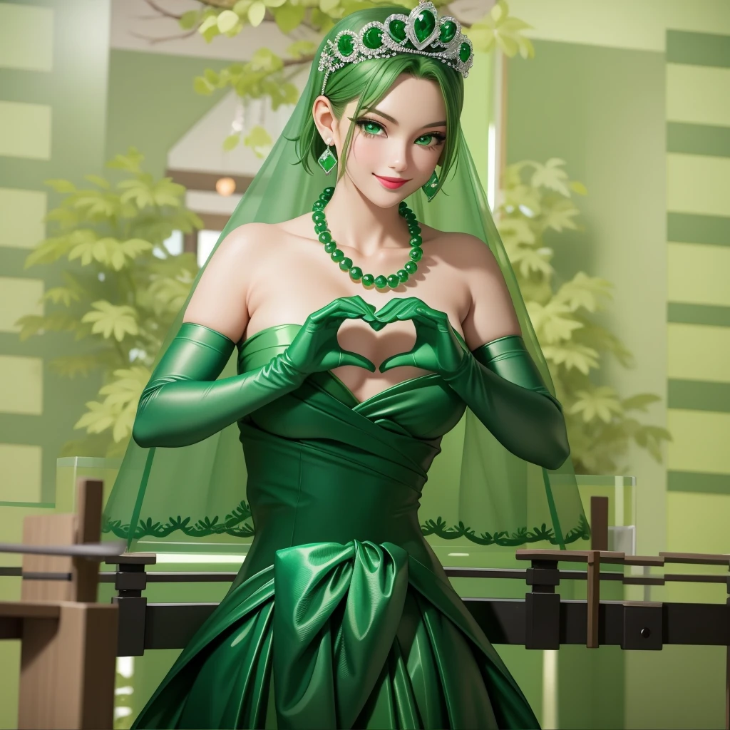 Emerald tiara, Green Pearl Necklace, ボーイッシュな非常に短いGreen Hair, Green Lips, Smiling Japanese woman, Very short hair, Busty beautiful lady, Green Eyes, Green satin long gloves, Green Eyes, Emerald Earrings, Green veil, Heart with both hands, Green Hair, Beautiful Japanese Woman, Heart shaped hands:1.3, green lip gloss