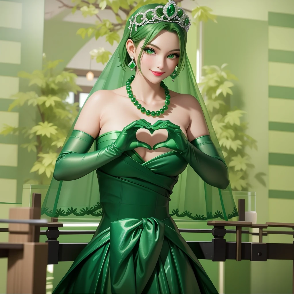 Emerald tiara, Green Pearl Necklace, ボーイッシュな非常に短いGreen Hair, Green Lips, Smiling Japanese woman, Very short hair, Busty beautiful lady, Green Eyes, Green satin long gloves, Green Eyes, Emerald Earrings, Green veil, Heart with both hands, Green Hair, Beautiful Japanese Women, Heart shaped hands:1.3, green lip gloss