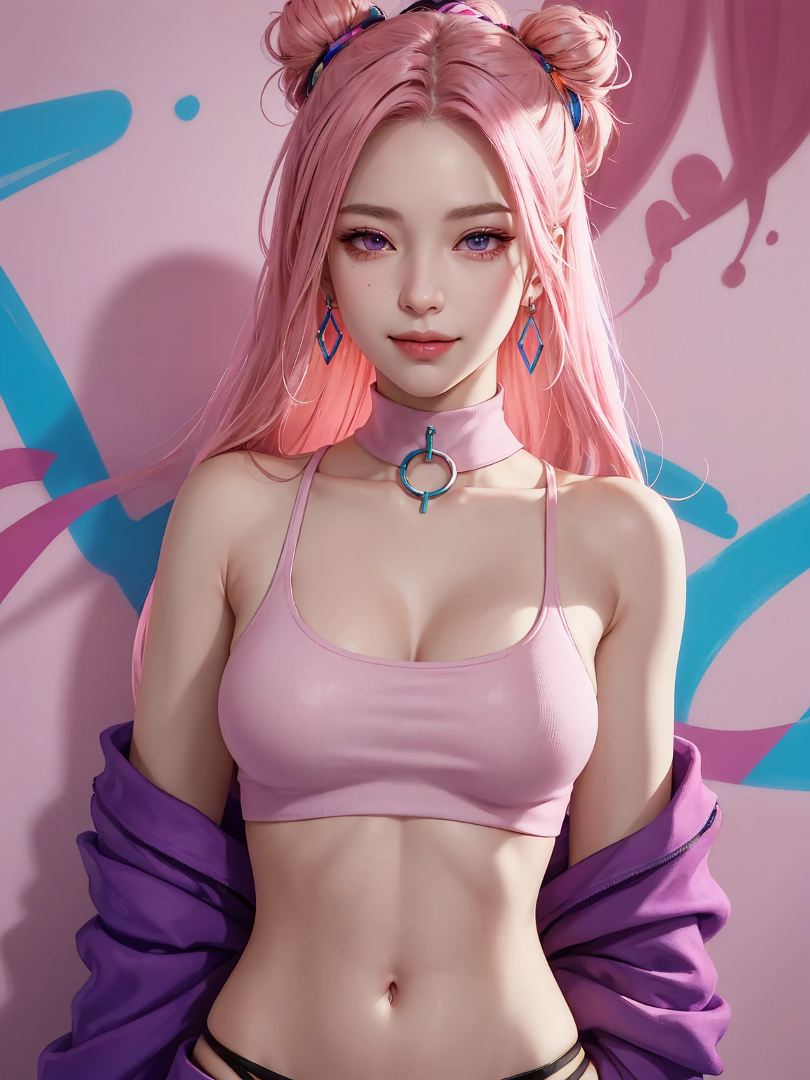 (Masterpiece, best quality, 1 girl, alone, complicated details, Chromatic aberration), realistic, ((Moderate breath)),long hair, pink hair, Red headpiece, Pink Highlights, hair on one eye,purple eyes, earring, sharp eyes, choker, Neon coat, She wears a collar, bangle, and kimono style garters., crop top, (symmetrical eyes),(Perfect symmetrical body),against the wall, Brick wall, (colorful graffiti words on the wall:1.2), The light is dim., alley ,Look at the viewer.、Dig the chest、smile、(sleeveless、Navel touch、Fitted turtleneck.)、street string hot pants、Thin bottom、Please build above the eaves..、Thin shoulders、in underwear、