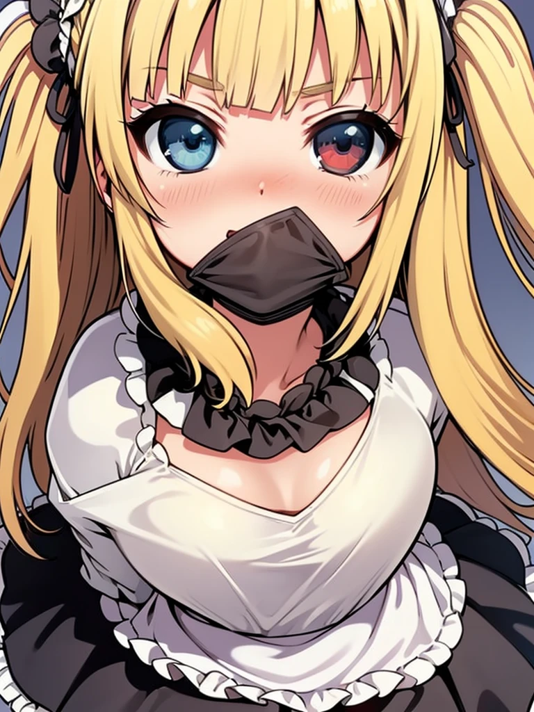 masterpiece, best quality, hasegawa kobato, solo, blonde hair, twintails, 10yo, (petite),
 frills, flat chest, black sleeved dress, red blue heterochromia, white skirt,
 smile, standing, park,