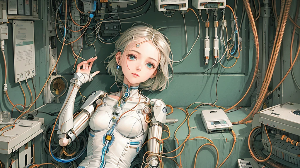 (((masterpiece))), (((highest quality))), ((Very detailed)), (Highly detailed CG illustrations), ((Very delicate and beautiful)),(Cute and delicate face),Light,((1. Machine Girl)),alone,whole body,(Machine made joints:1.4),((Mechanical Limbs)),(Muscles swell),(The vessel is connected to the tube),(Brain in a container:1.3),((Mechanical vertebrae attached to the back)),((Mechanical cervical spine attached to the neck)),((Sitting)),poker face,(Wires and cables attached to head and body:1.5),Small breasts,short hair,(Character Focus),sf,Lying down,Forehead out