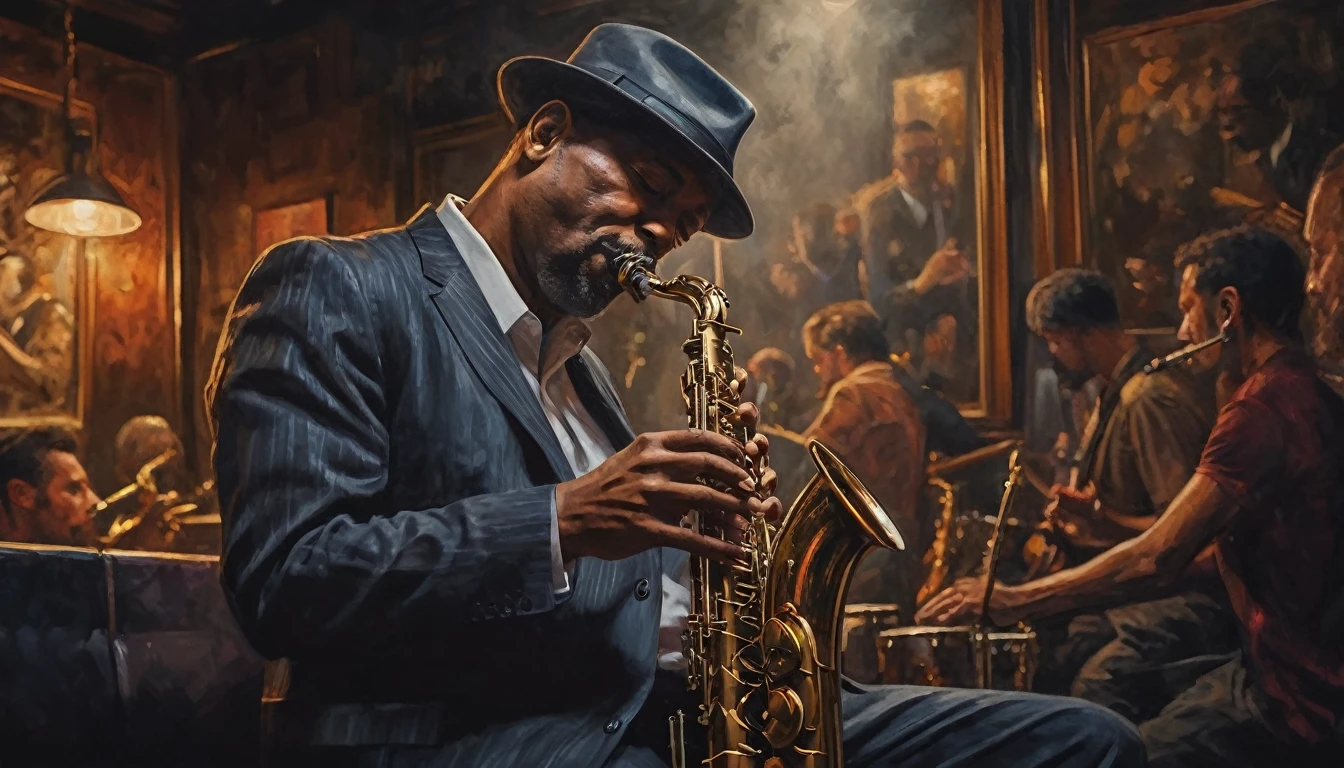 Impressionist painting, a moody scene at a intimate jazzclub, dark and smokey, a sole saxophonist is playing the gig of a lifetime, insane intricate detail, award winning art, raytracing, sharp focus, 8k, hdr, masterpiece, professional, highly detailed, perfect hands