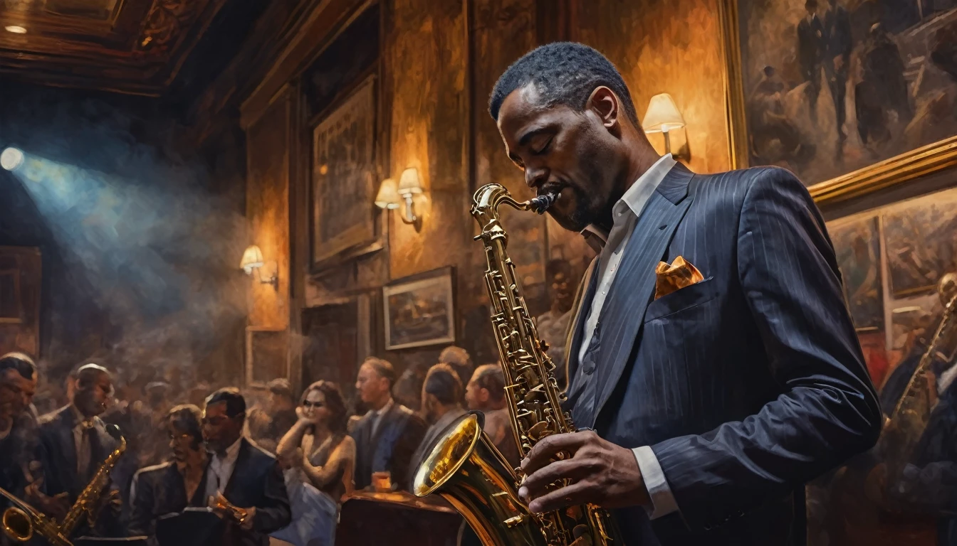Impressionist painting, a moody scene at a intimate jazzclub, dark and smokey, a sole saxophonist is playing the gig of a lifetime, insane intricate detail, award winning art, raytracing, sharp focus, 8k, hdr, masterpiece, professional, highly detailed, perfect hands