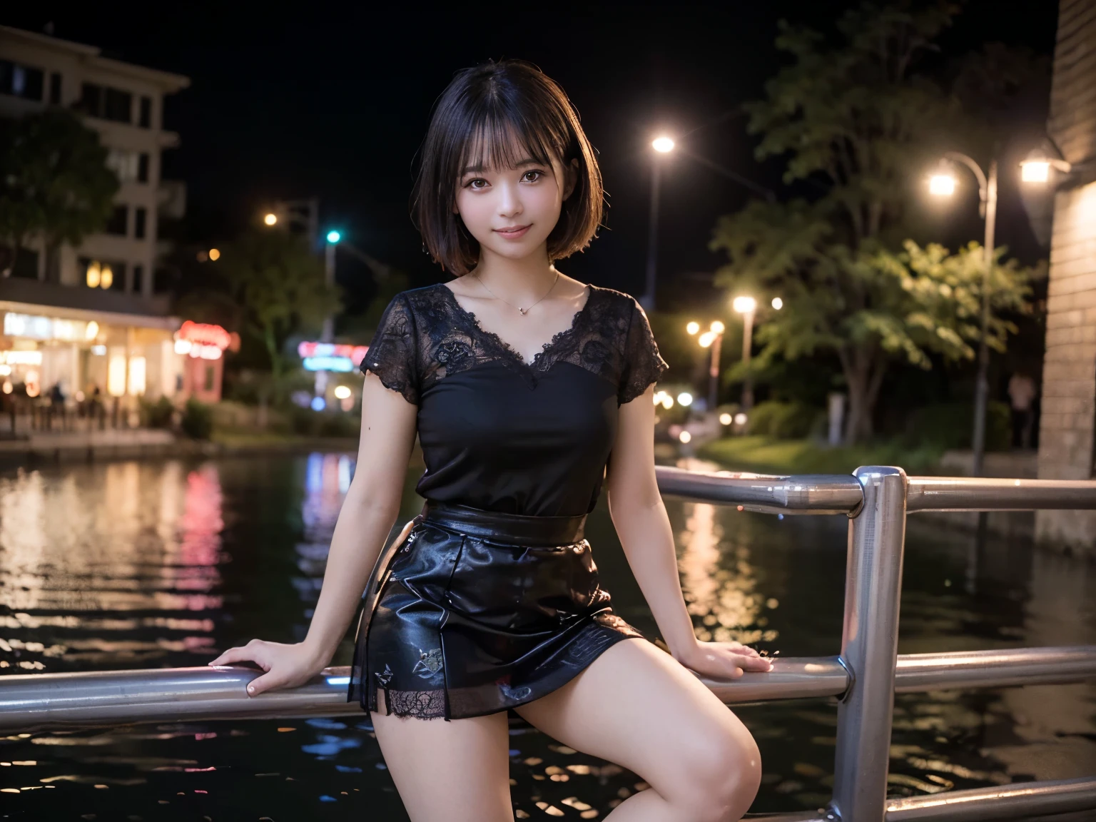 (highest quality, masterpiece, Ultra-high resolution, 8k, RAW Photos, Realistic, Anatomically correct:1.5), (Stainless steel round bar fence:1.0, Put your elbow on the fence:1.2, Short Bob Cut, 20-year-old girl:1.2, Embarrassing, avert your eyes, blush:1.0, View Viewer, Outside the waterfront, Light:1.2, シティLight, Bokeh, Cinema Lighting:1.0, Depth of written boundary, sharp、Idol、smile、Black short sleeve lace top、Black tulle skirt、Black clothing、”dwarf”、(Floral clothes)、Full Body Shot