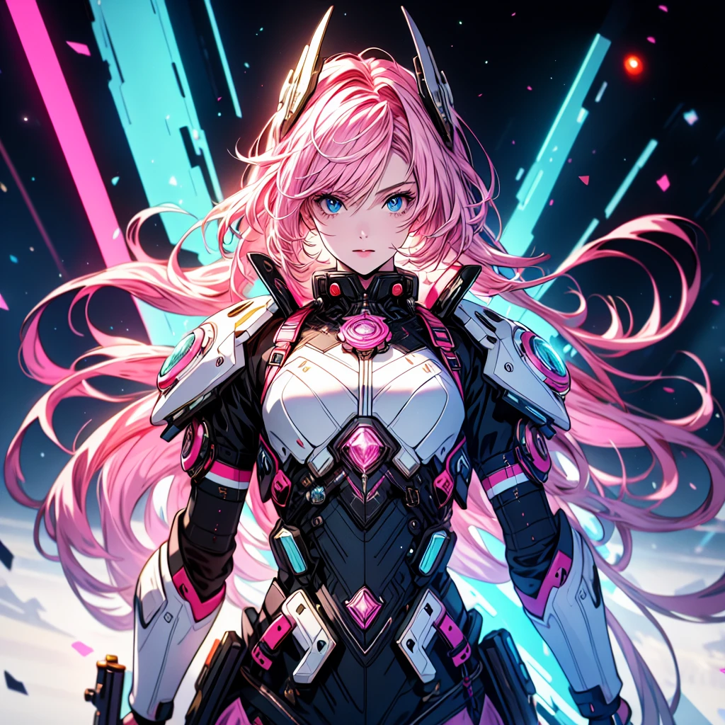 1girl、[17277fbe68],minaba hideo、High quality、Maximum detail、(((highest quality、Masterpiece、Official Art、The best dynamic composition)))、(Fine hair)、(Tabletop, highest quality), Super detailed, Anime Style, whole body, Cyberpunk Girl, Gripping a high-tech rifle, Milky white and pink hair, Glowing blue eyes, Wearing a magical girl costume , 8K High Resolution, Trend Art Station, White Background, Standing in the Wilderness, whole body,