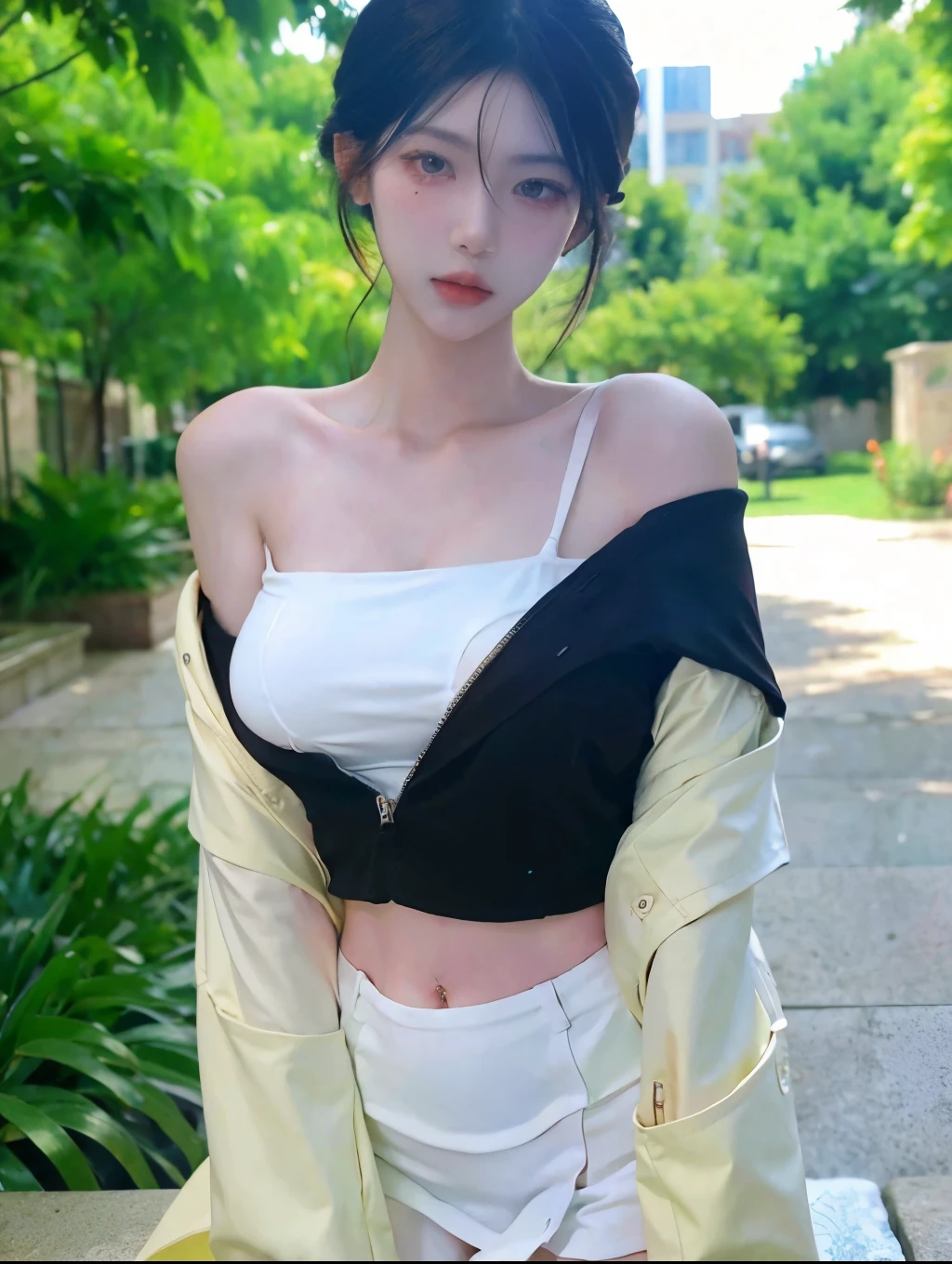 Beautiful woman with perfect figure：1.4，Layered hairstyle，Snow White，White skin，Prominent cleavage，Bikini：1.5，Super short pleated skirt，whole body，Very delicate facial and skin texture，Double eyelids，Skin Whitening，Long white hair