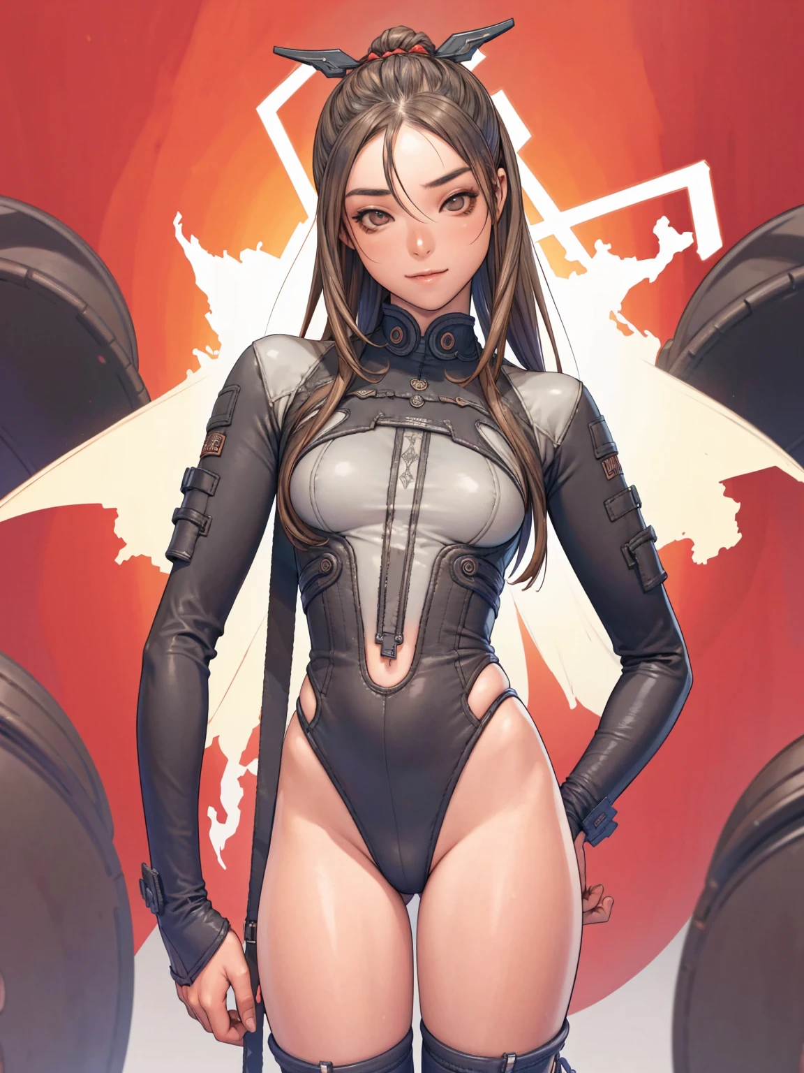 (((devilish smile))), (((melhor qualidade: 1.4))), (((full metal))), (((DuneWalker))), (((post-apocalypse))), (Unbeatable masterpiece), (hiper HD),(CG 8k hiper-realista), semi nua, (((seios grandes))), (((hiper feminina))), sensual girl, (cabelo com franja reta), ((( corpo escultural ))), (((1 garota))), 20 year old Asian girl with perfect body, Rosto lindo e bem cuidado, olhos puxados, muscular corpo:1.2, traje com detalhes texturizados em pixel art, (Head to thigh photos),Equipamento complexo, long pants with white stars, Metal parts in armor, (((Sozinho))), pirralha violento, ((())), sensual, pose de atitude, obra de arte, post-apocalypse, (((manga style))), Bounty Hunter, violento, Manic, cara de mau, corpo esguio, magra mas forte, corpo perfeito, roupa moderna, Advanced technology, short shorts with checkered pattern in red and black, jaqueta tipo gola de pele, sleeves with vertical striped pattern, fundo neutro