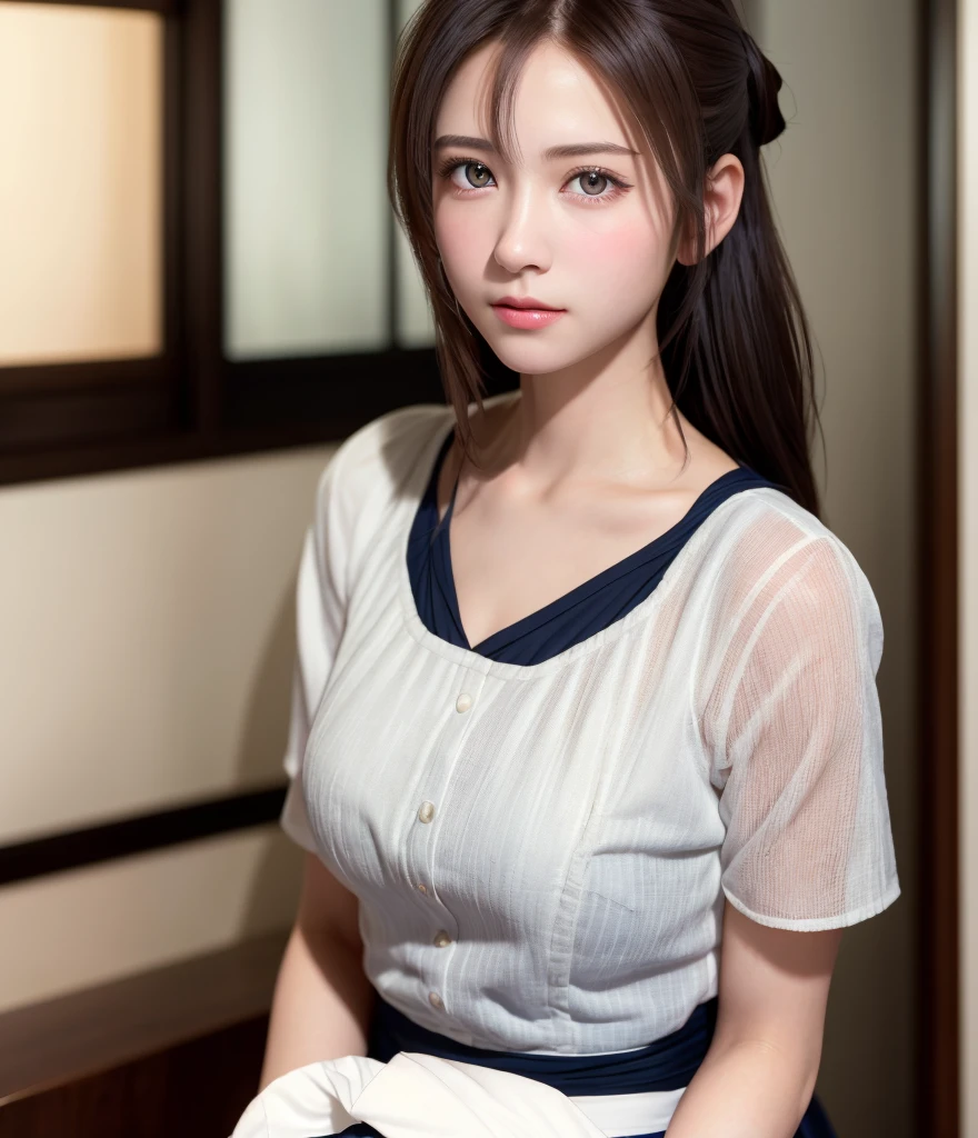 8K, of the highest quality, masutepiece:1.2), (Realistic, Photorealsitic:1.37), of the highest quality, masutepiece, Beautiful young woman, Pensive expression,、A charming、and an inviting look, Cute Maid Clothes, Hair tied back, Cinematic background, Light skin tone