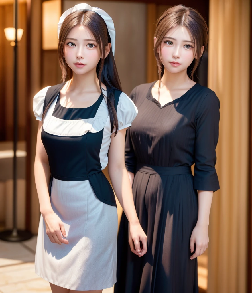 8K, of the highest quality, masutepiece:1.2), (Realistic, Photorealsitic:1.37), of the highest quality, masutepiece, Beautiful young woman, Pensive expression,、A charming、and an inviting look, Cute Maid Clothes, Hair tied back, Cinematic background, Light skin tone