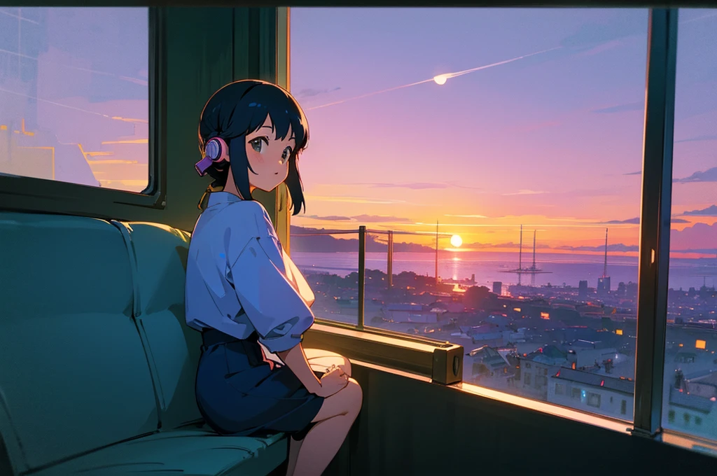 1 girl, 90s anime style, night, coffee shop, moon, Girl wearing headphones, late night カフェ, Listening to music alone, City Pop, low quality, Lo-Fi, Chill, late night, Stylish cafe, Dark Room, futuristic night view outside the window, Dark Room,Ghibli-style anime,Studio Ghibli,Studio Ghibli Style HMC, Studio Ghibli Style HMC, Beach sunset bike view,Blues, One girl,landscape,Beautiful sunset,