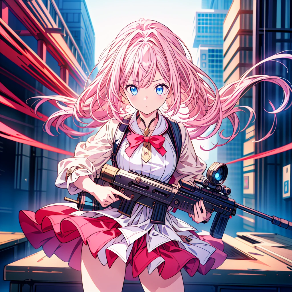 1girl、[17277fbe68],minaba hideo、High quality、Maximum detail、(((highest quality、Masterpiece、Official Art、The best dynamic composition)))、(Fine hair)、(Tabletop, highest quality), Super detailed, Anime Style, whole body, Cyberpunk Girl, Gripping a high-tech rifle, Milky white and pink hair, Glowing blue eyes, Wearing a magical girl costume , 8K High Resolution, Trend Art Station, White Background, Standing in the Wilderness, whole body,