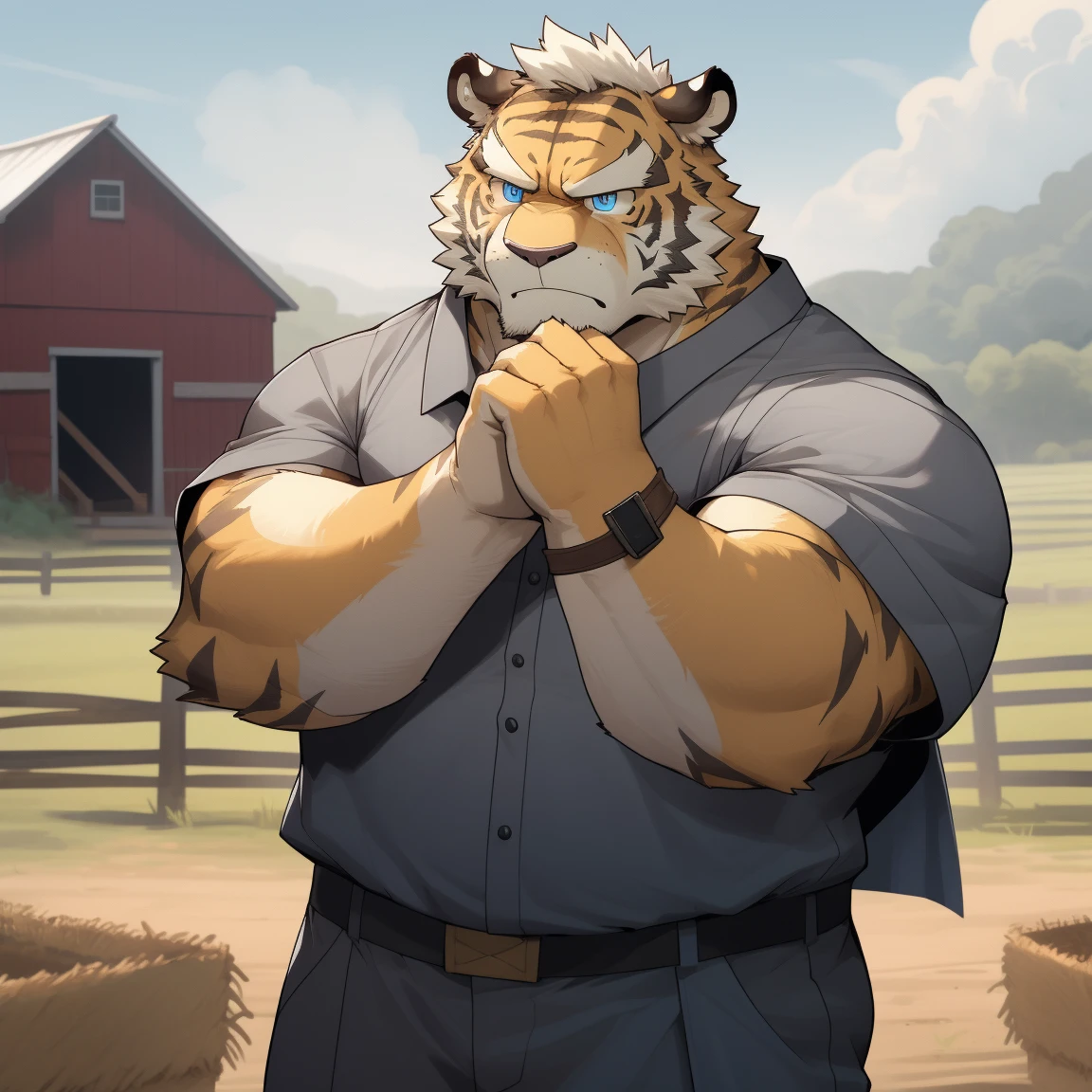masterpiece, best quality, 8k resolution, Very detailed, hairy,tiger,((White short hair)),Strong body,((Fifty years old)),((Middle-aged and elderly)),(((Blue eyes))),For the audience,portrait,(Highest quality scene),(((Gray cloth))),((Solitary)),Black trousers,whole body,((Touching his chin and thinking)),(Mature),(((rural))),((yellow fur)),Standing,((farmer)),(((Sunny))),(((August))),(((Serious))),(((Domineering))),(((frown))),(((angry)))