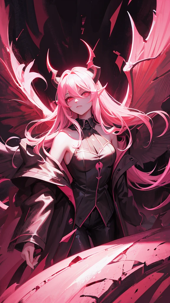 a beautiful long-haired girl with pink eyes, demon horns, demon wings, mischievous expression, cinematic lighting, dark fantasy, vibrant colors, dramatic shadows, moody atmosphere, digital painting, black hair, long coat