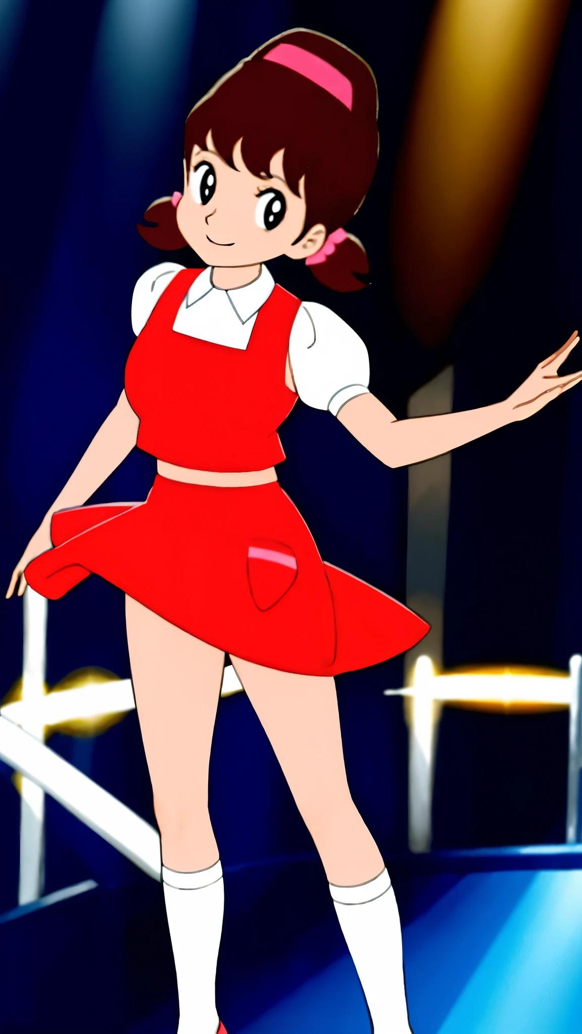 masterpiece, highest quality, alone,1 girl,looking at the viewer,School, cowboy shot,anime style,
 akkochan,smiling、Live Performance Venues、Dancing on stage、In the spotlight、Exciting dance、Intense movement、Lifting legs high、Large breasts、

