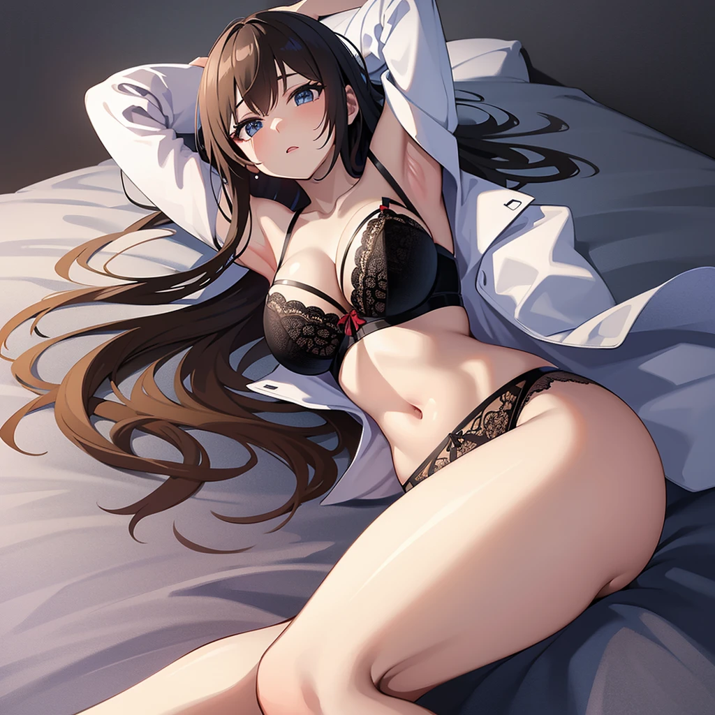 anime girl, SUPER SUPER tight see trough panties and huge bra, laying on bed, moaning