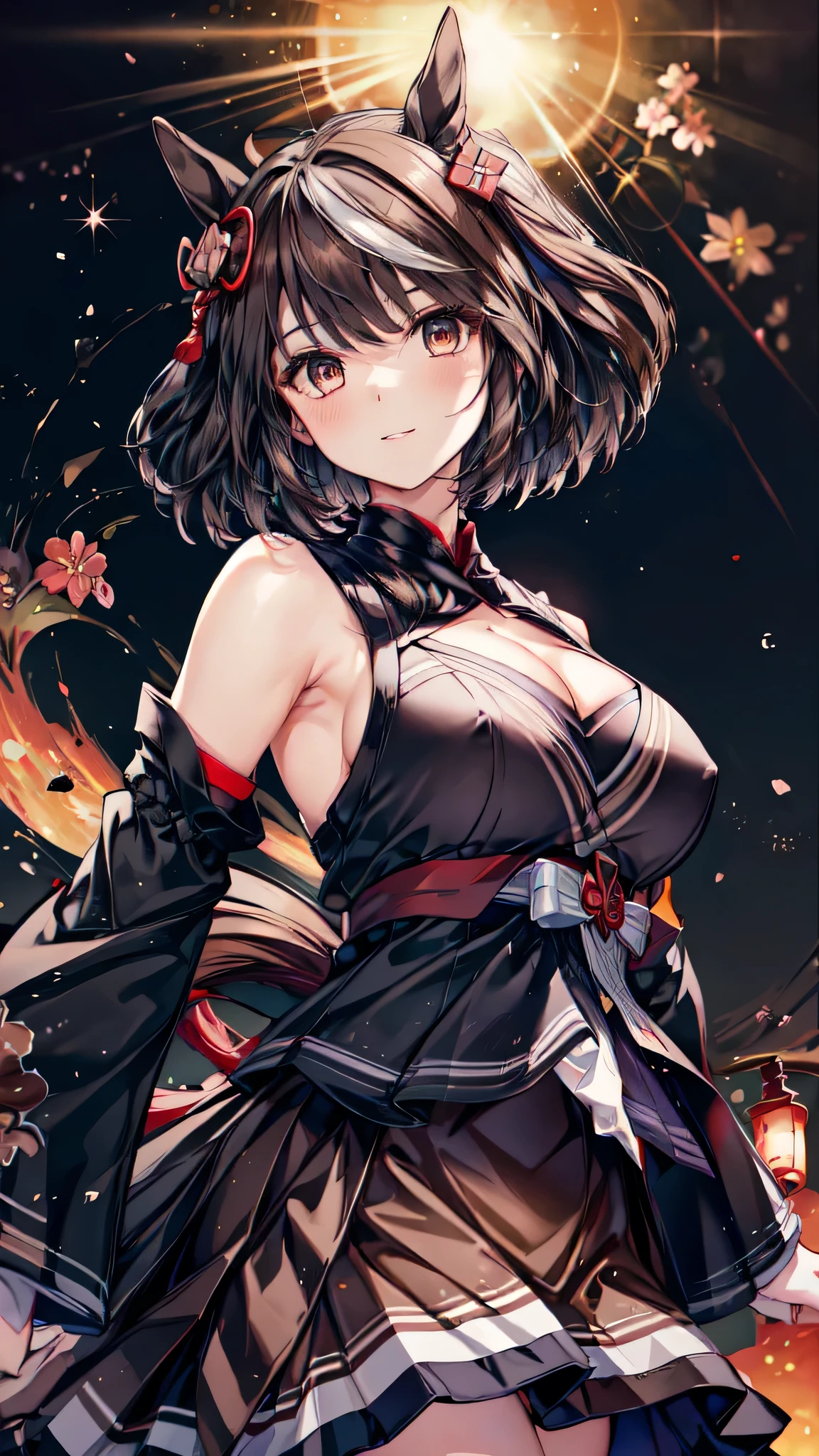 ((masterpiece, sidelighting, finely detailed beautiful eyes: 1.2)), ultra-detailed, ultra high res, professional lighting, high quality makeup, beautiful detailed eyes, sexy, beautiful, big eyes, drooping eye, (Kitasan Black:1.8), (middle breasts), (slender body:1.1), (brown and red japanese clothes, skirt:1.8), (armpit:1.3), (blush cheek, blush body:1.2), (black hair:1.2), (short hair:1.2), (horse ear:1.2), Extremely cute, (extremely detailed beautiful face), Authentic skin texture, beautiful hair, beautiful face, beautiful eyes, beautiful body, beautiful hands, (smile:1.2), standing, (face focus:1.6), (cleavage breasts focus:1.4), (armpit focus:1.1), (erect nipples)