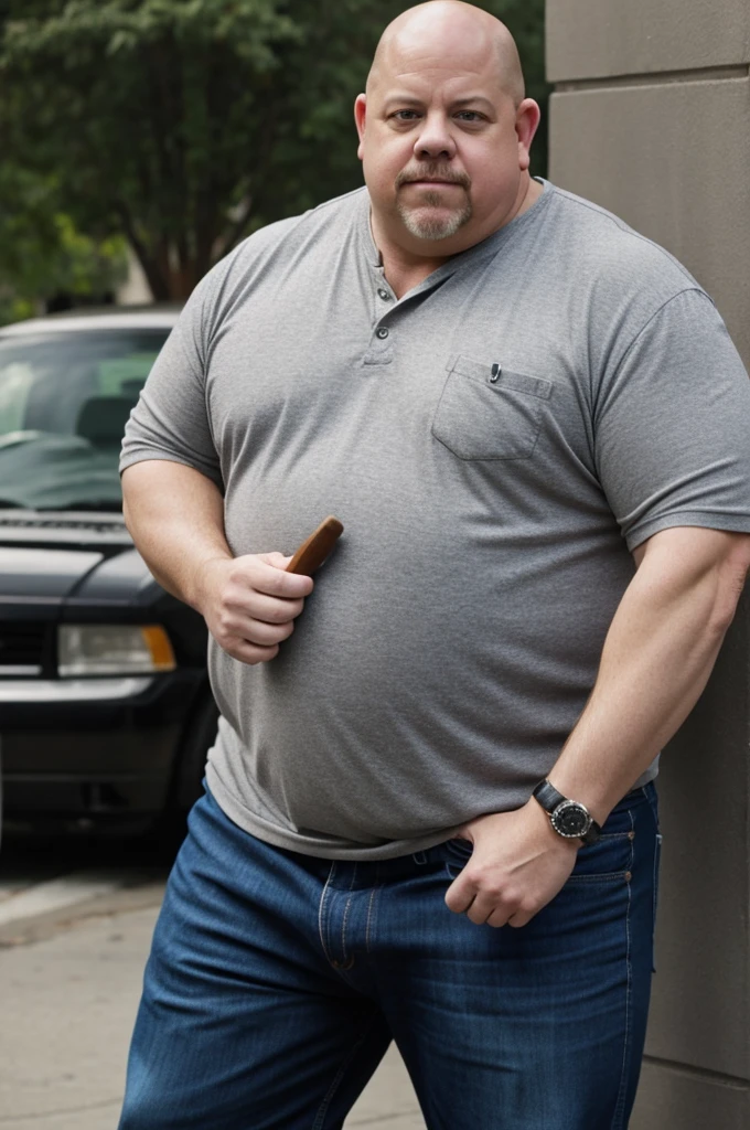 Kevin Chamberlin needs to pee, holding his penis, detailed clothing