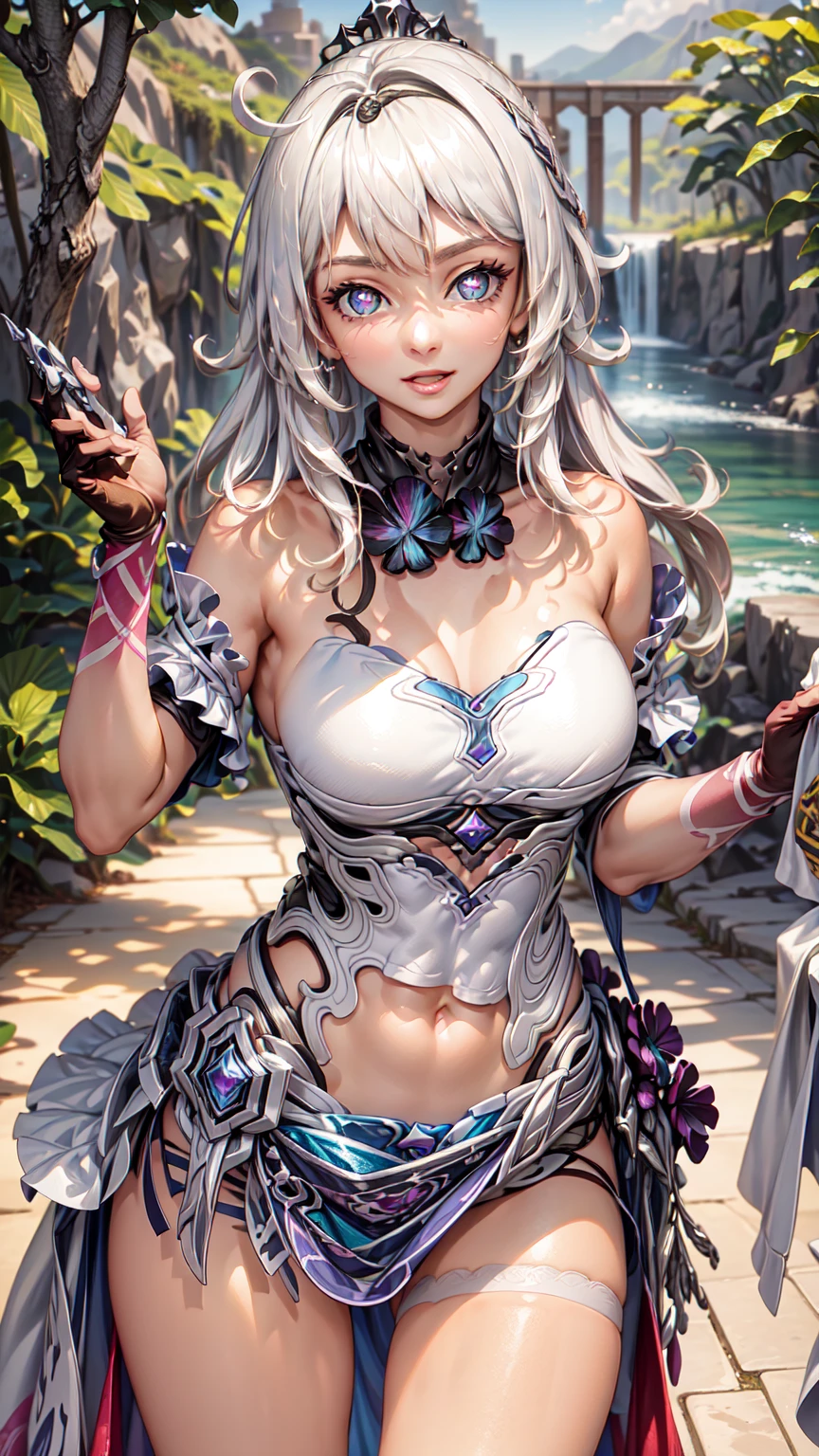 (masterpiece, best quality:1.2), cowboy shot, solo, 1girl, kiana_hofi,long_hair, breasts, looking_at_viewer, bangs, blue_eyes, hair_ornament, dress, cleavage, gloves, crown, hair_ornament, midriff ,NSFW, official art, extremely detailed CG unity 8k wallpaper, perfect lighting, (masterpiece:1.0),(best_quality:1.0), ultra high res,4K,ultra-detailed, photography, 8K, HDR, highres, absurdres:1.2, Kodak portra 400, blurry background, bokeh:1.2, lens flare, (vibrant_color:1.2),(beautiful_face:1.5),(narrow_waist),(perfect hands, perfect anatomy), huge breasts, very wide hips, slim waist, curvy