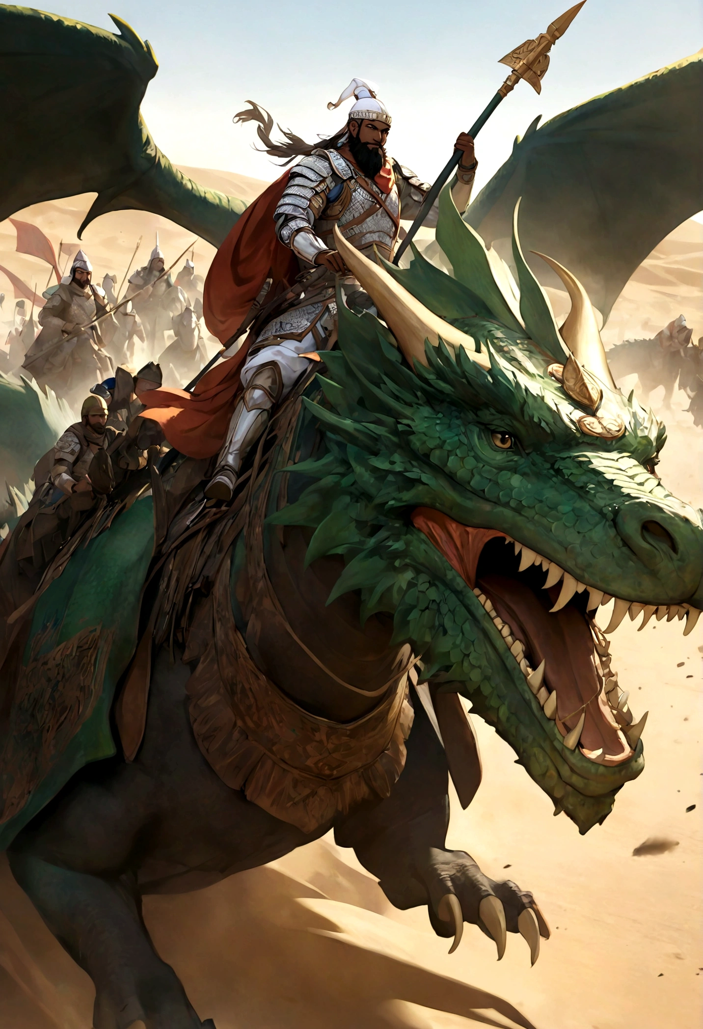 arabian desert, arabian knight,black skin, beard, riding on the back of a giant green dragon,Bright armor,Holding the spear in one hand,Background is battlefield