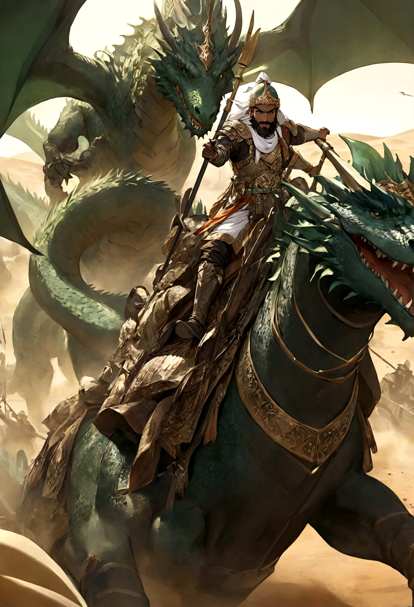 arabian desert, arabian knight,black skin, beard, riding on the back of a giant green dragon,Bright armor,Holding the spear in one hand,Background is battlefield