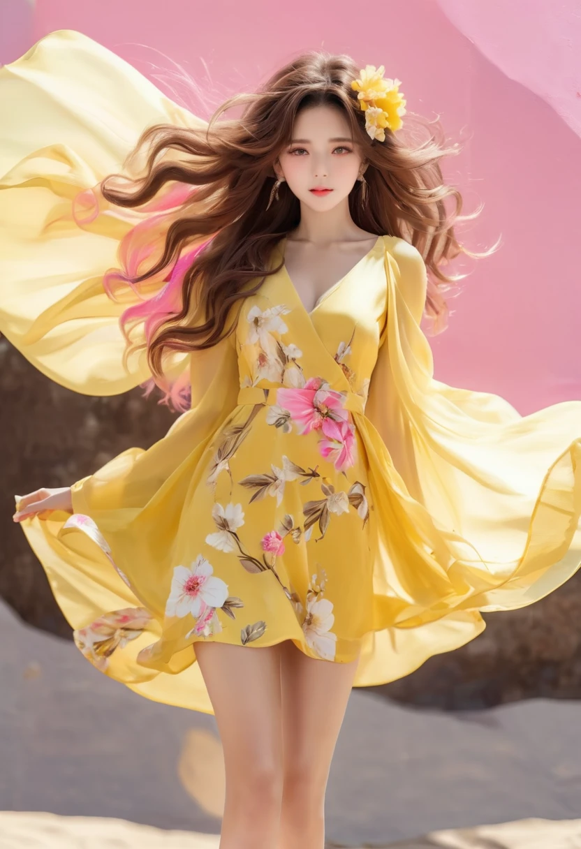 image of a demure loving woman, detailed medium brown hair, bright yellow detailed eyes with long eyelashes, short white dress printed with pink flowers, detailed brown high-heeled sandals. full body image. shoe foot