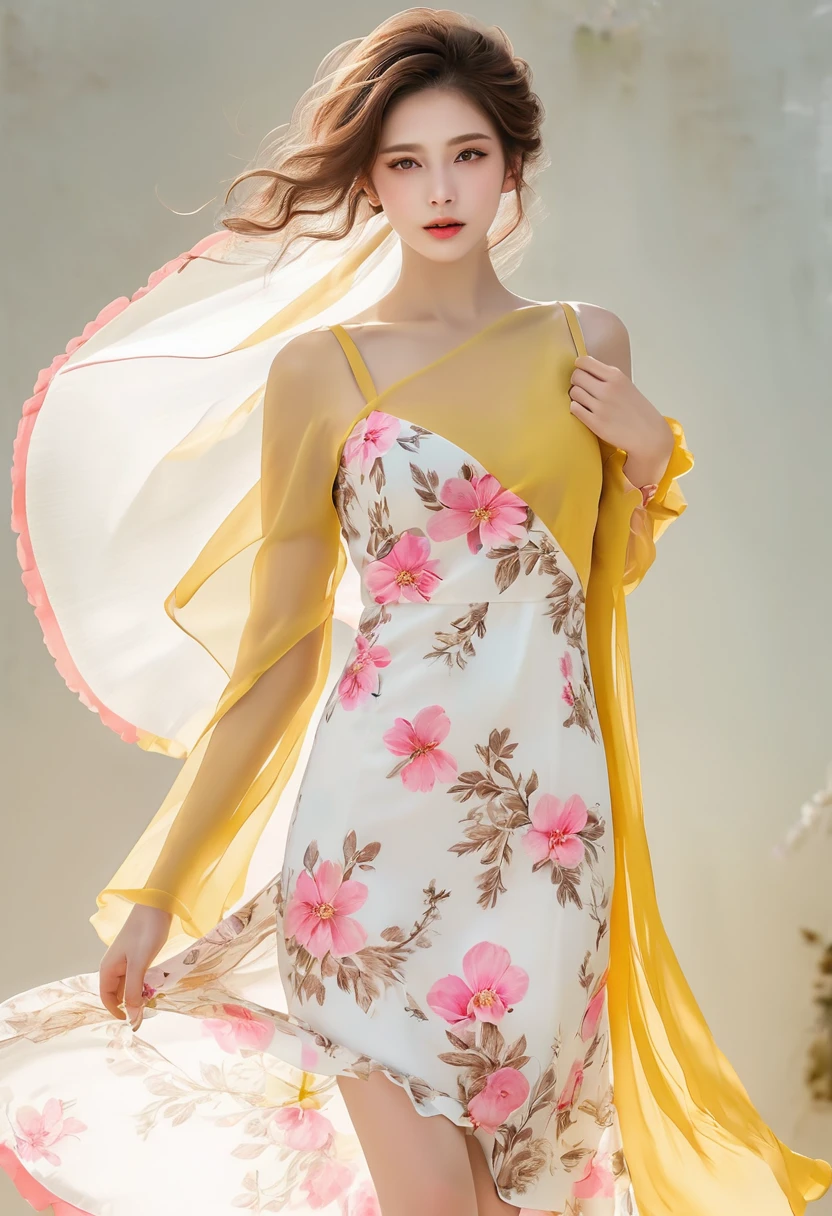 image of a demure loving woman, detailed medium brown hair, bright yellow detailed eyes with long eyelashes, short white dress printed with pink flowers, detailed brown high-heeled sandals. full body image. shoe foot